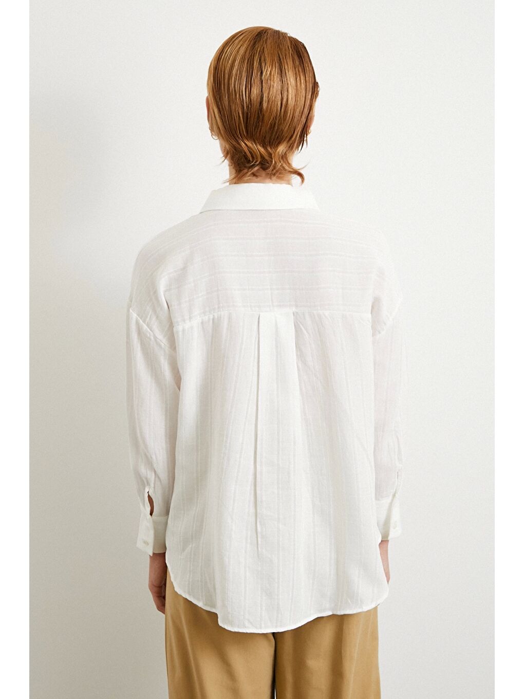 Çizgili Pamuk Gömlek Beyaz-5