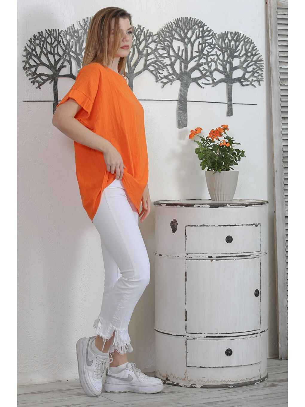 İtalyan Turuncu Havuz Yaka Düşük Kol Yıkamalı Dokuma Casual Bluz-2