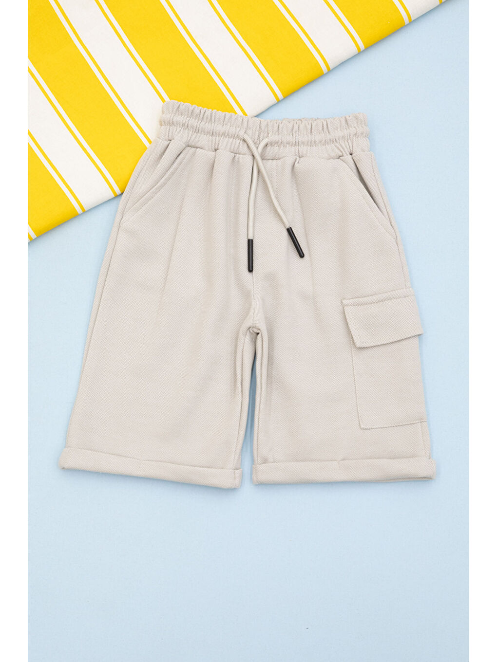 Ekru Krem Beli Lastikli Jogger Kumaş Tek Kargo Cepli Erkek Çocuk Şort 21156