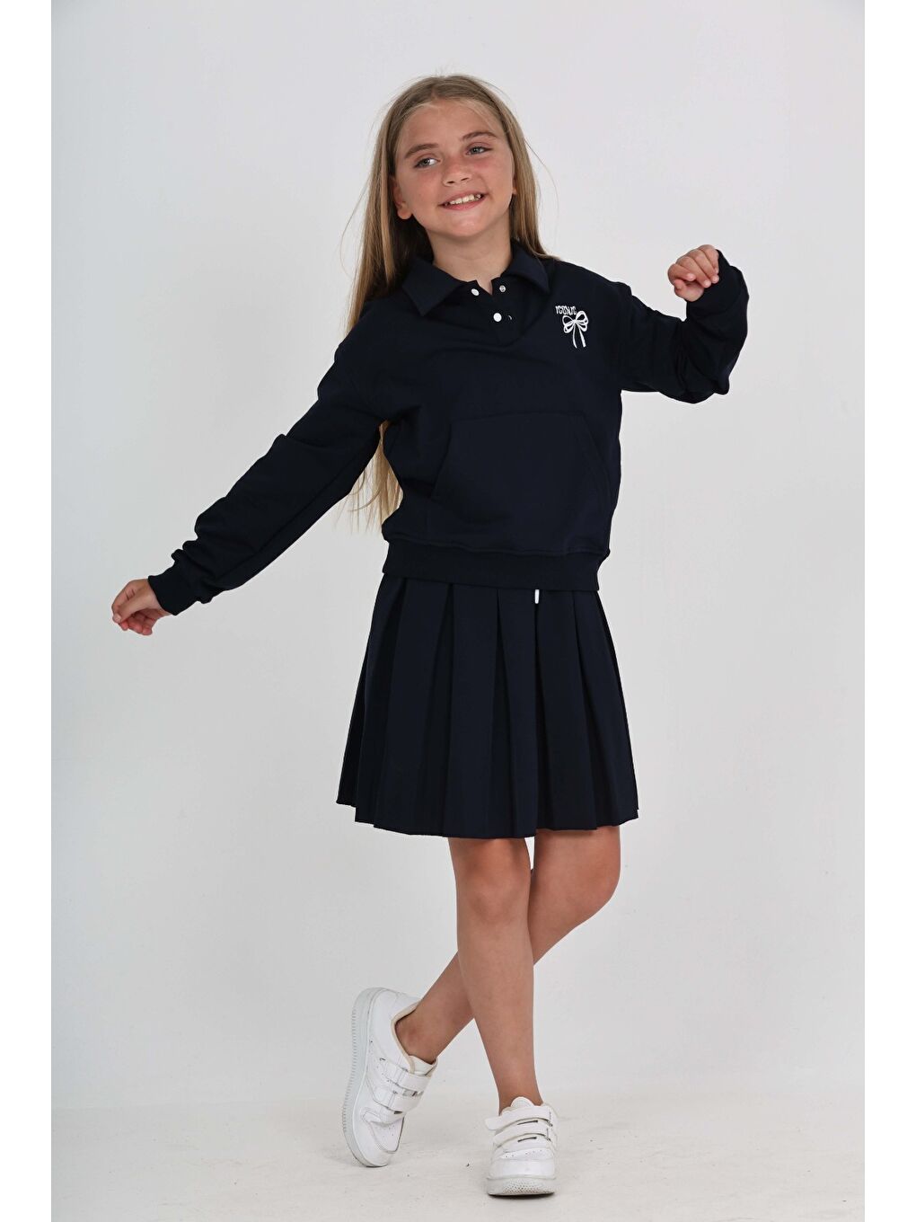 Lacivert Toontoy Kız Çocuk Fiyonk Nakışlı Etekli Takım-1