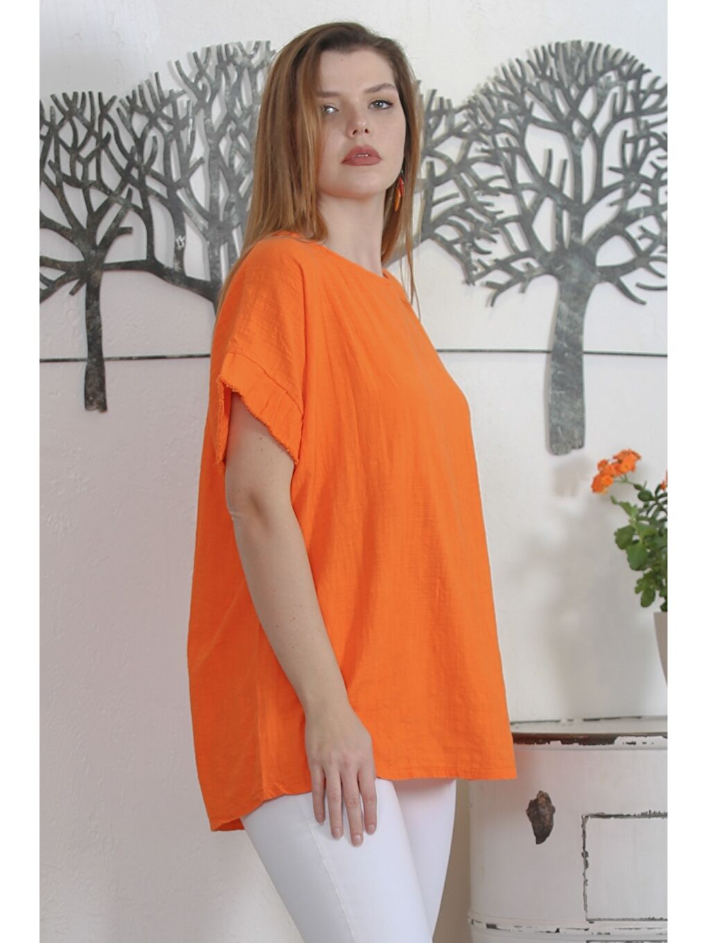 İtalyan Turuncu Havuz Yaka Düşük Kol Yıkamalı Dokuma Casual Bluz-3