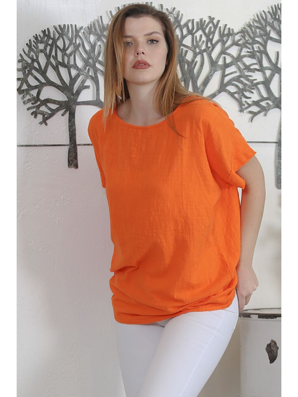 İtalyan Turuncu Havuz Yaka Düşük Kol Yıkamalı Dokuma Casual Bluz-4