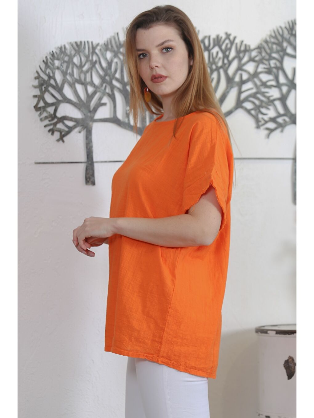 İtalyan Turuncu Havuz Yaka Düşük Kol Yıkamalı Dokuma Casual Bluz-5