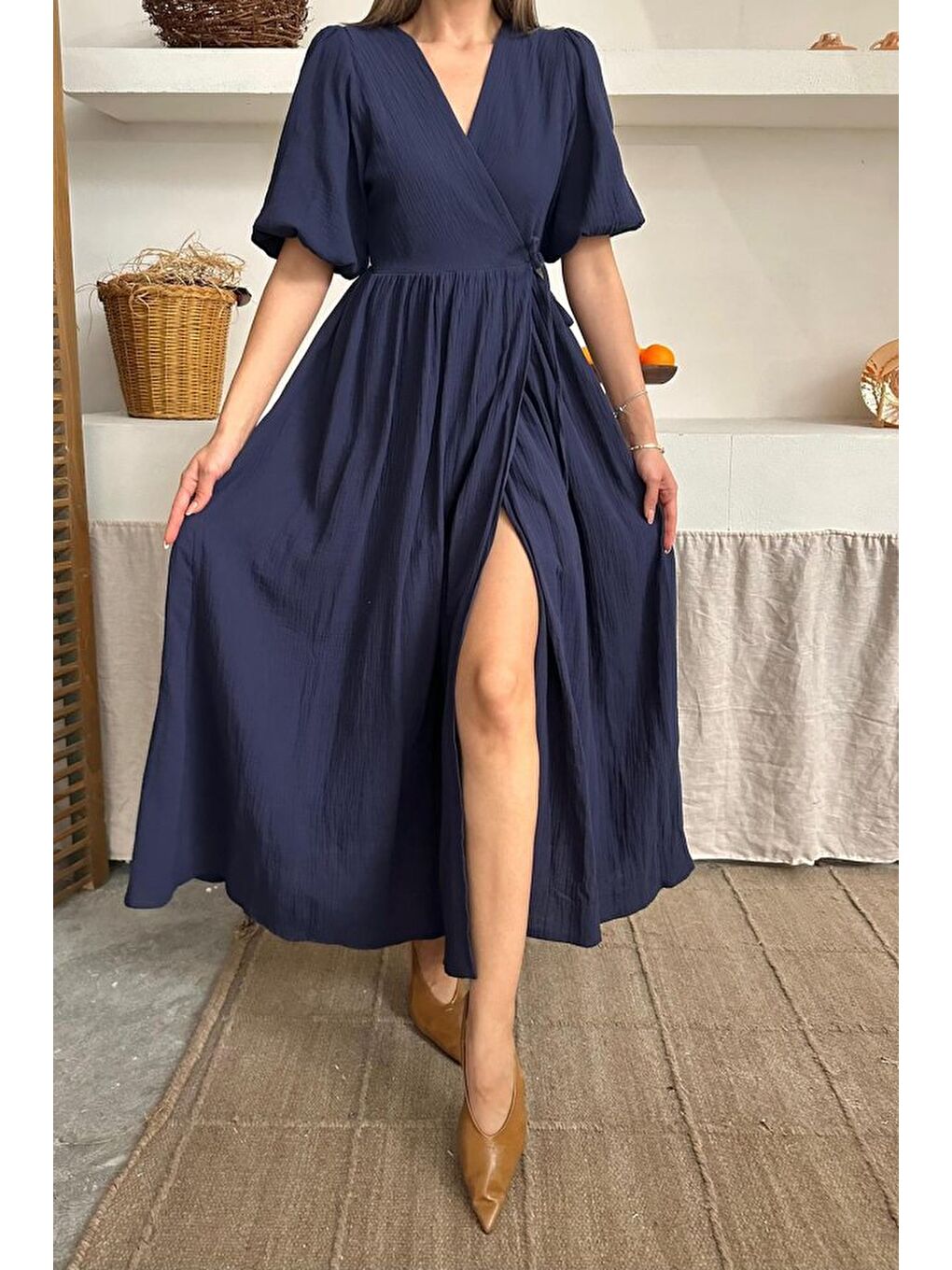 Lacivert Müslin Uzun Elbise-2