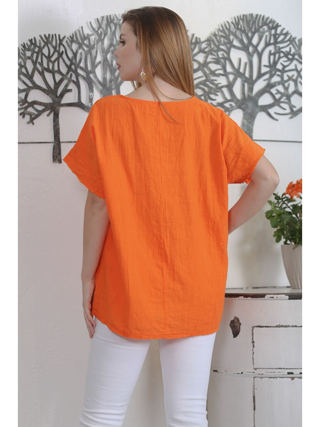 İtalyan Turuncu Havuz Yaka Düşük Kol Yıkamalı Dokuma Casual Bluz-6