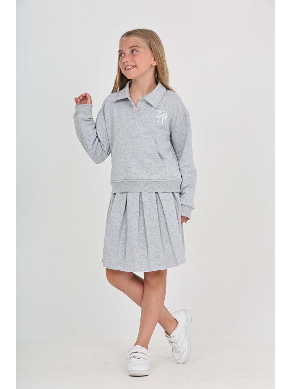 Gri Toontoy Kız Çocuk Fiyonk Nakışlı Etekli Takım-3