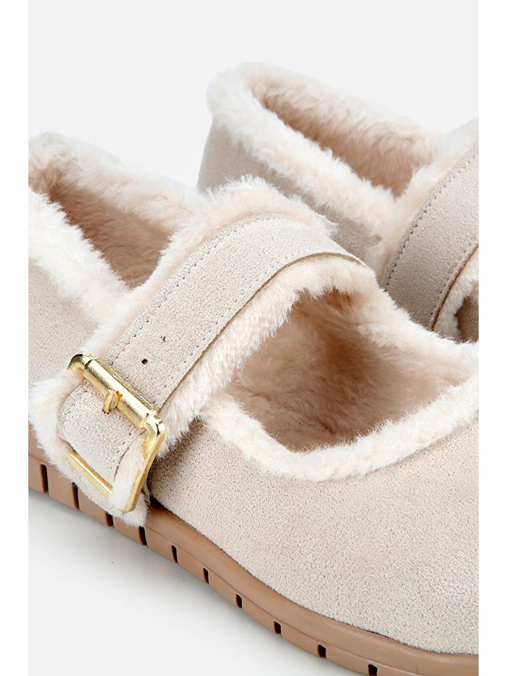 Kadın Bej Kürklü Kemerli Mary Jane Babet-6