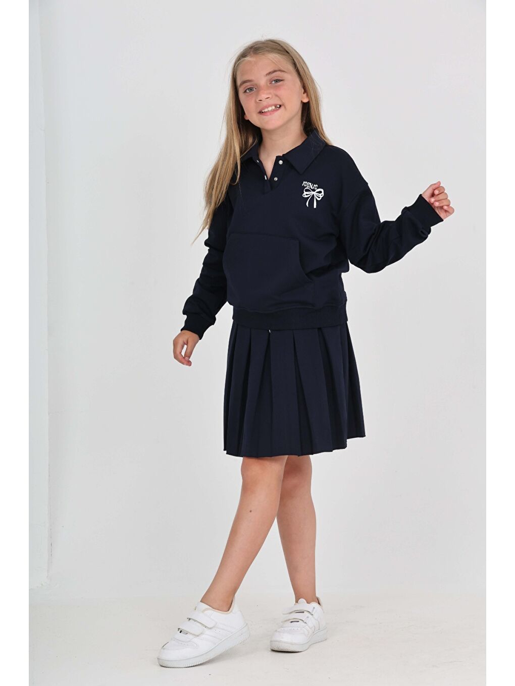 Lacivert Toontoy Kız Çocuk Fiyonk Nakışlı Etekli Takım-2