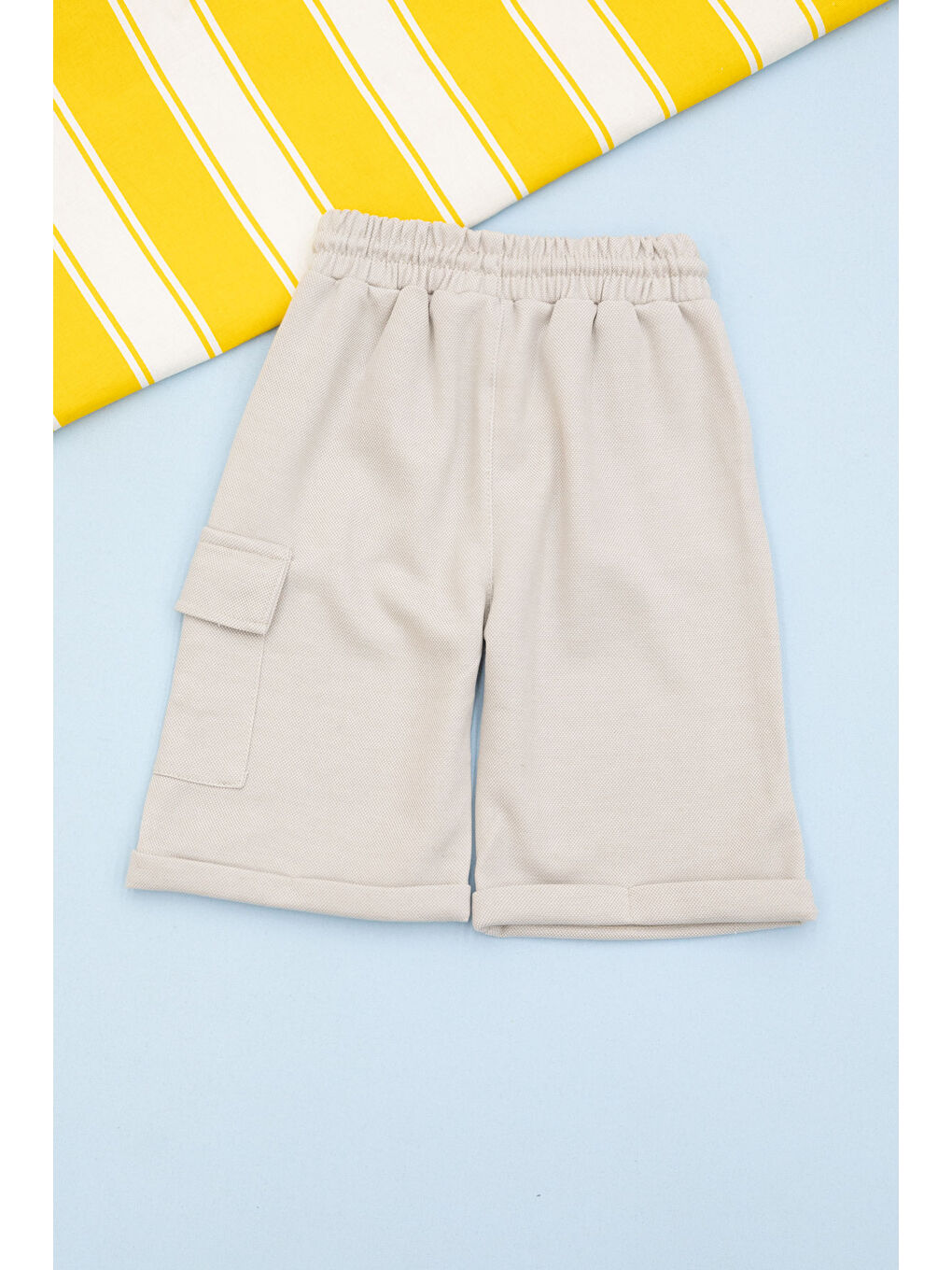 Ekru Krem Beli Lastikli Jogger Kumaş Tek Kargo Cepli Erkek Çocuk Şort 21156-2