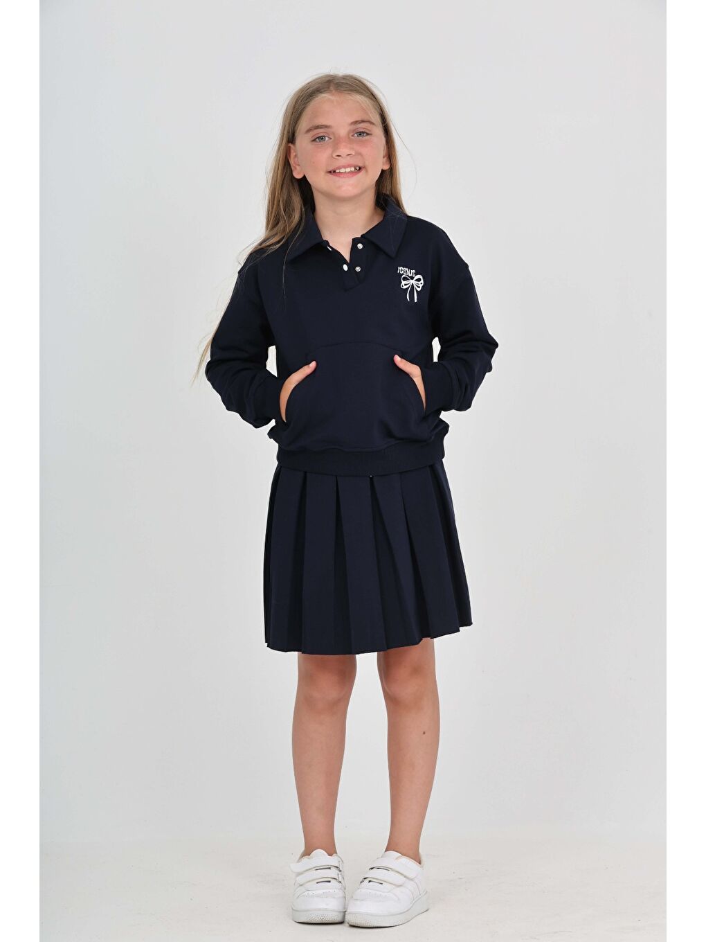 Lacivert Toontoy Kız Çocuk Fiyonk Nakışlı Etekli Takım-3