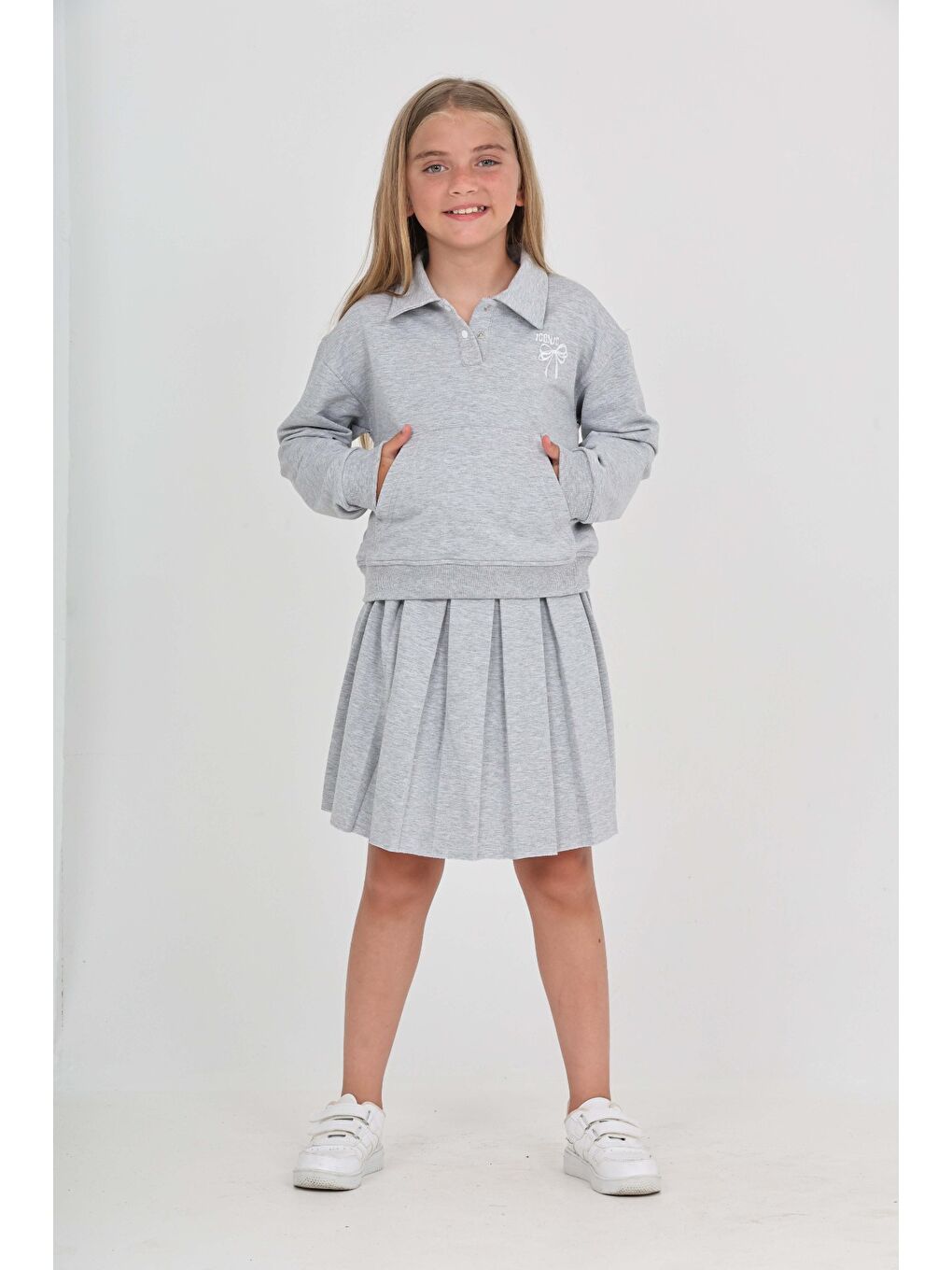 Gri Toontoy Kız Çocuk Fiyonk Nakışlı Etekli Takım-4