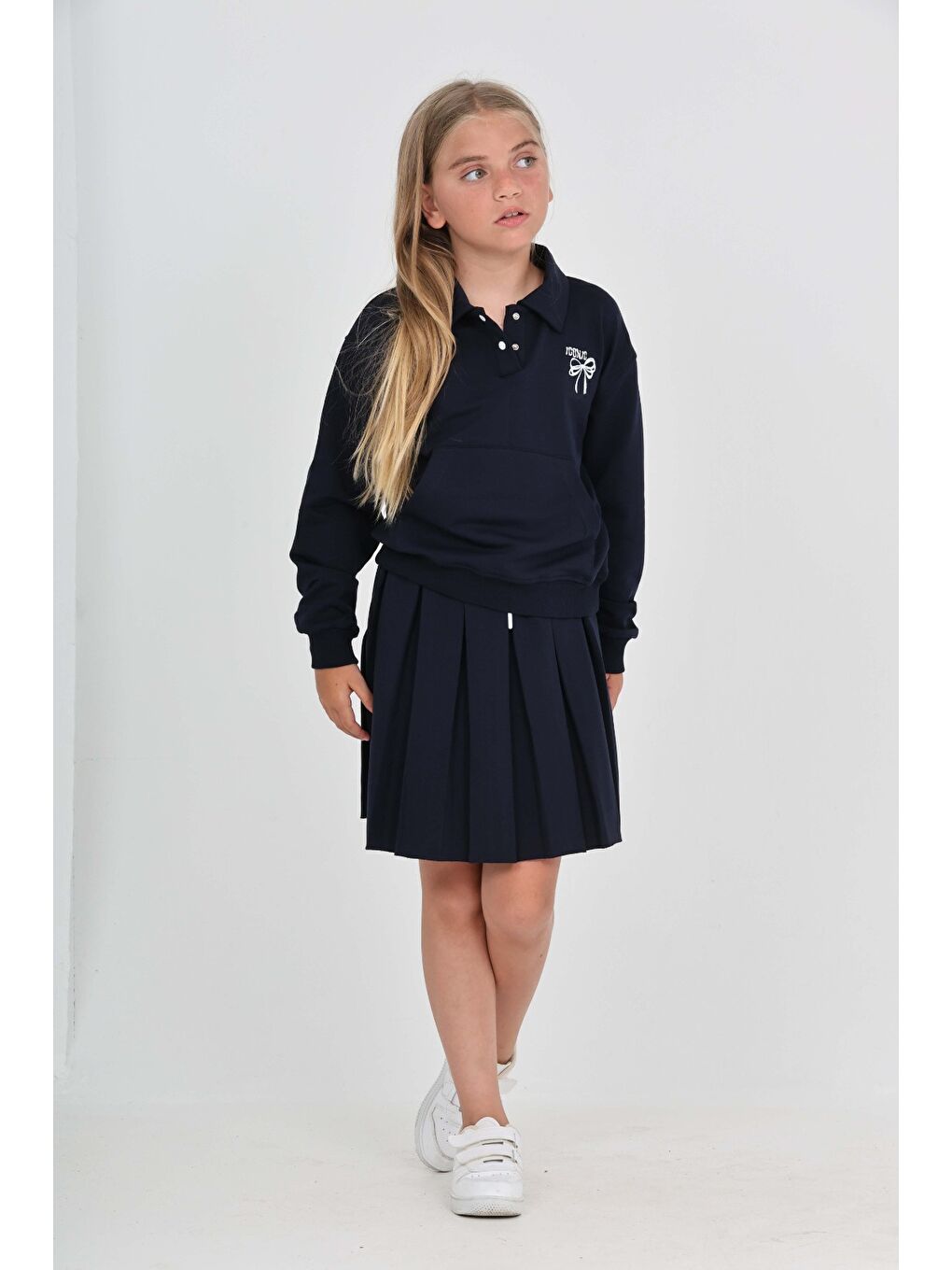 Lacivert Toontoy Kız Çocuk Fiyonk Nakışlı Etekli Takım-4