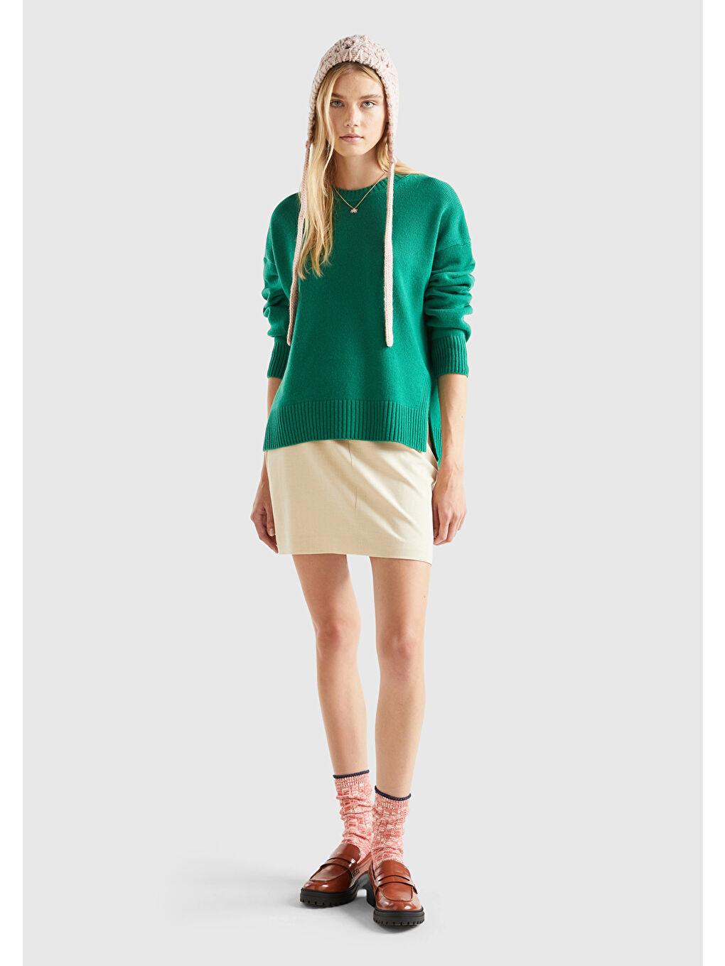 Kadın Yeşil Yün Karışımlı Boxy Fit Kazak-4