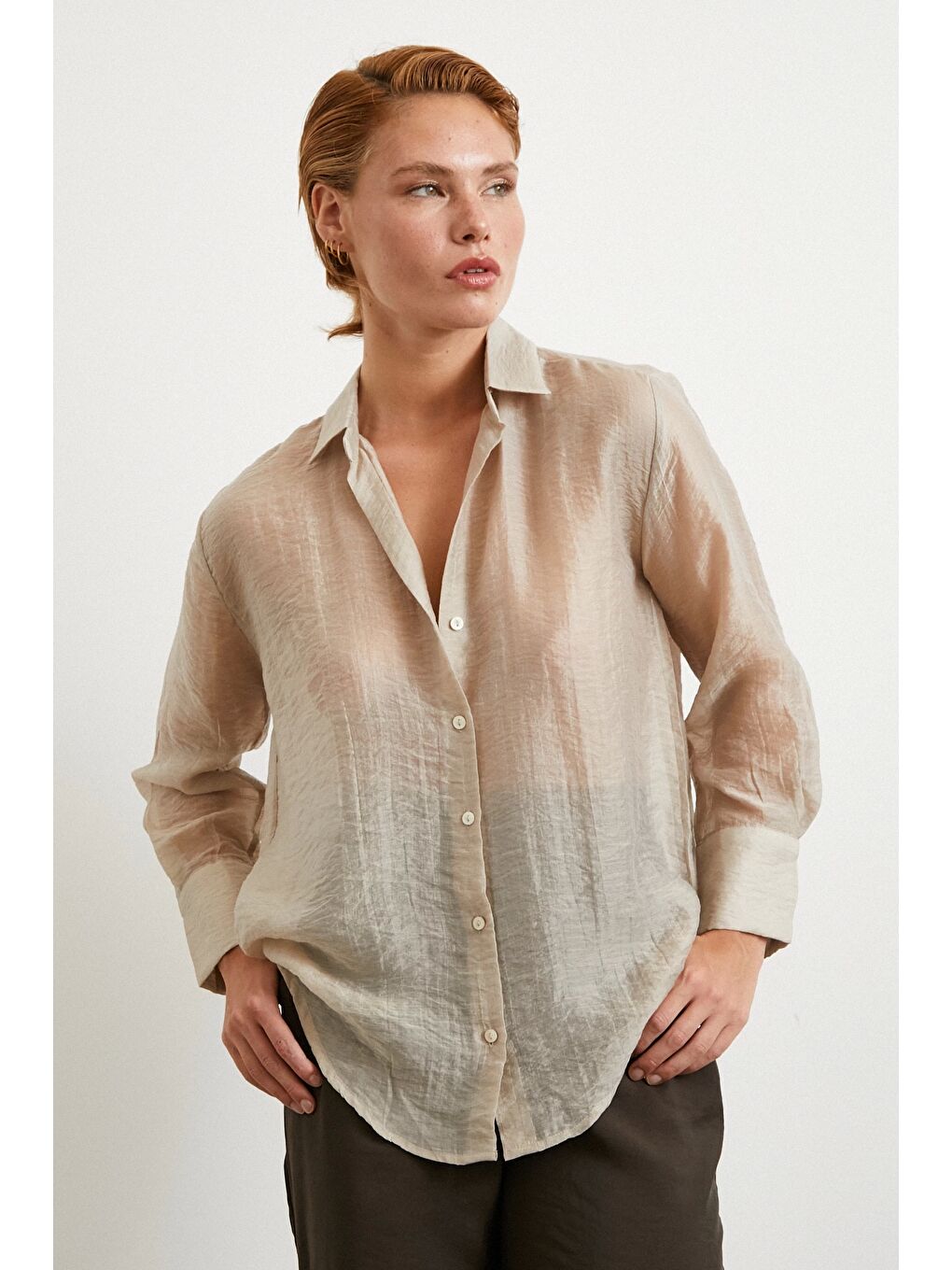 Modal Basic V Yaka Gömlek Bej-2