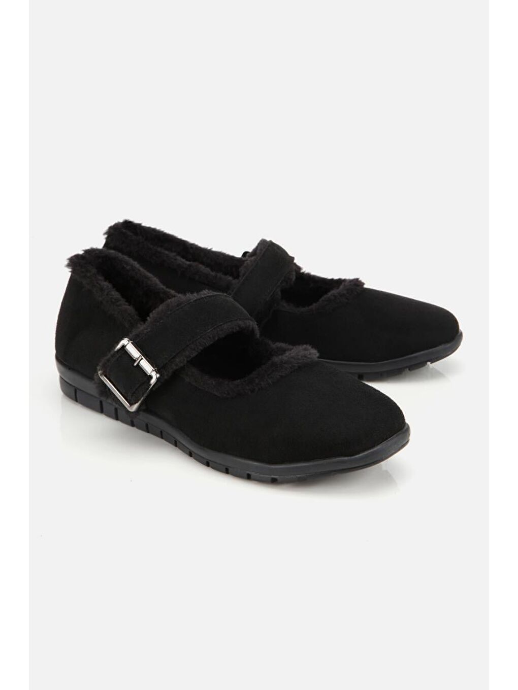 Kadın Siyah Kürklü Kemerli Mary Jane Babet-1