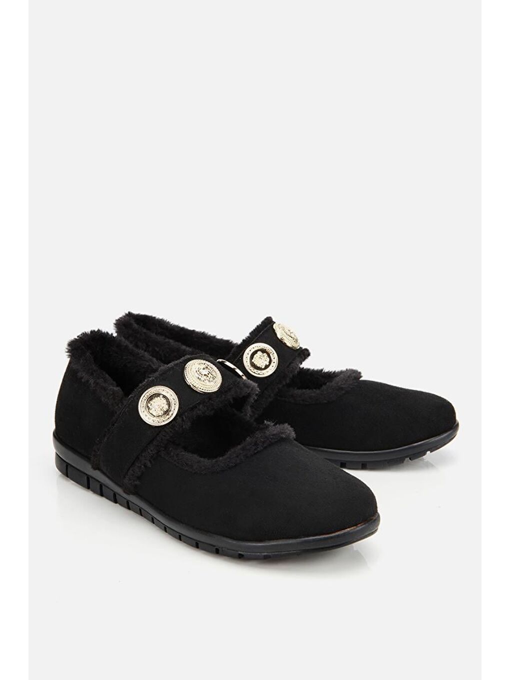 Kadın Siyah Kürklü Tokalı Mary Jane Babet-1