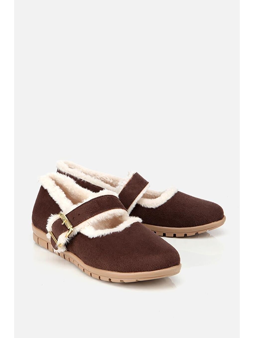 Kadın Kahverengi İçi Kürklü Gold Detaylı Bantlı Babet-1