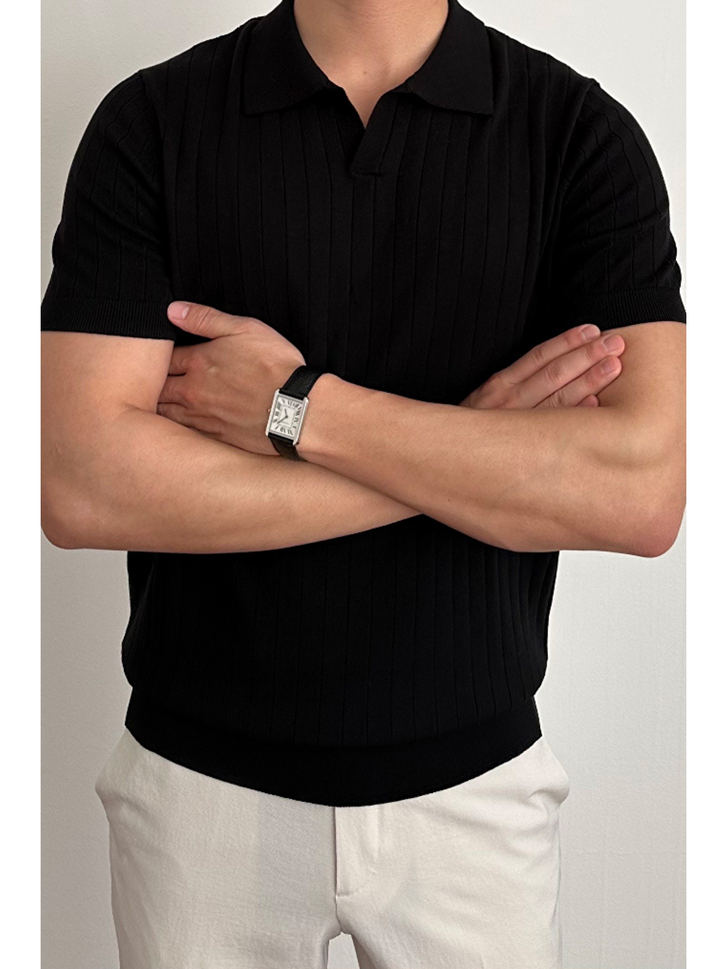 Erkek Siyah Slim Fit Fitilli Polo Yaka Triko T-Shirt-1