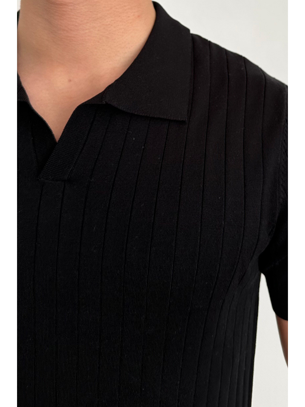 Erkek Siyah Slim Fit Fitilli Polo Yaka Triko T-Shirt-2