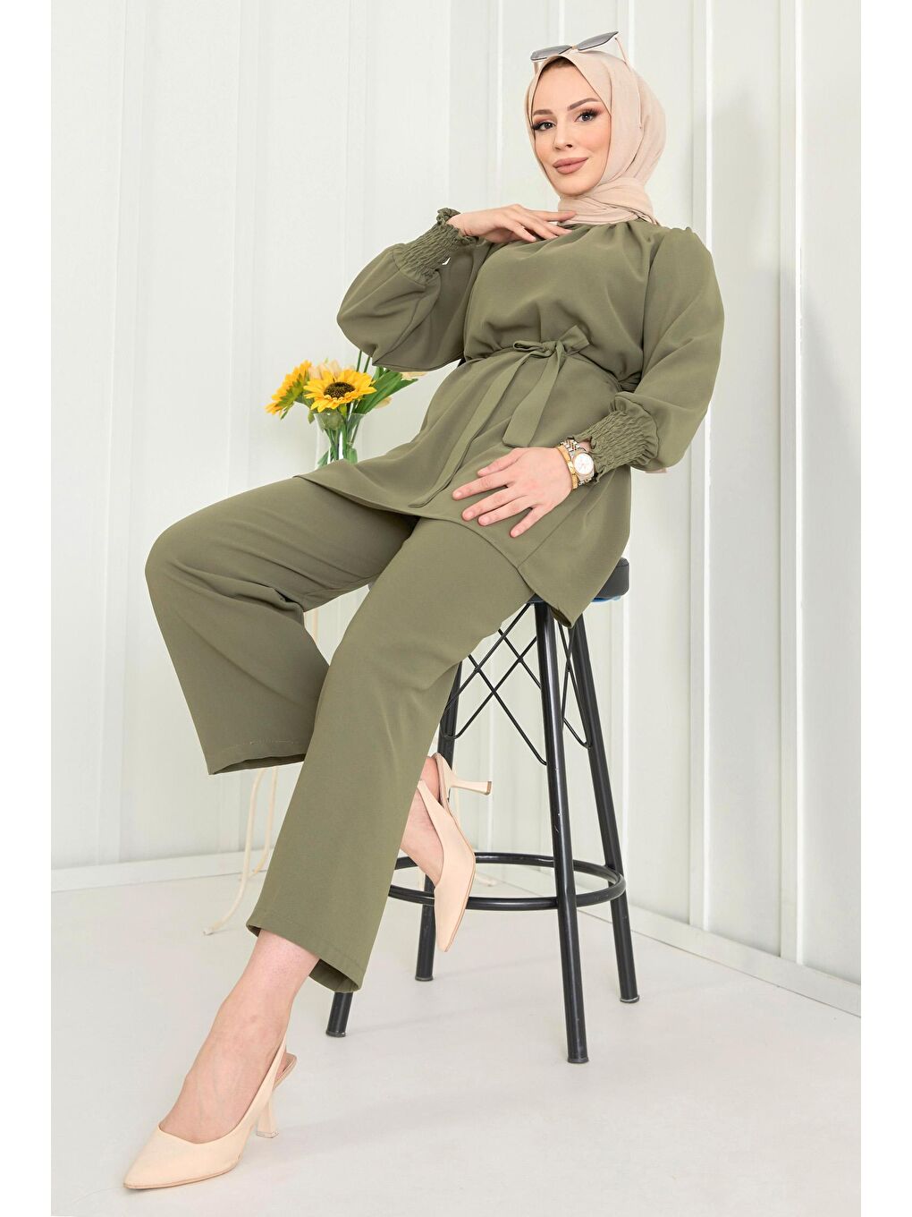 Hakim Yaka Kadın Haki Tunik+Pantolon - 13019-1