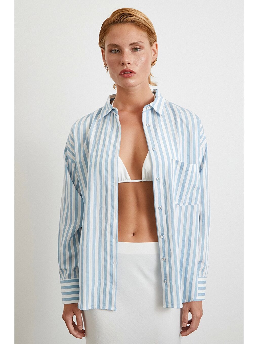 Multi Çizgili Cepli Gömlek Mavi-2