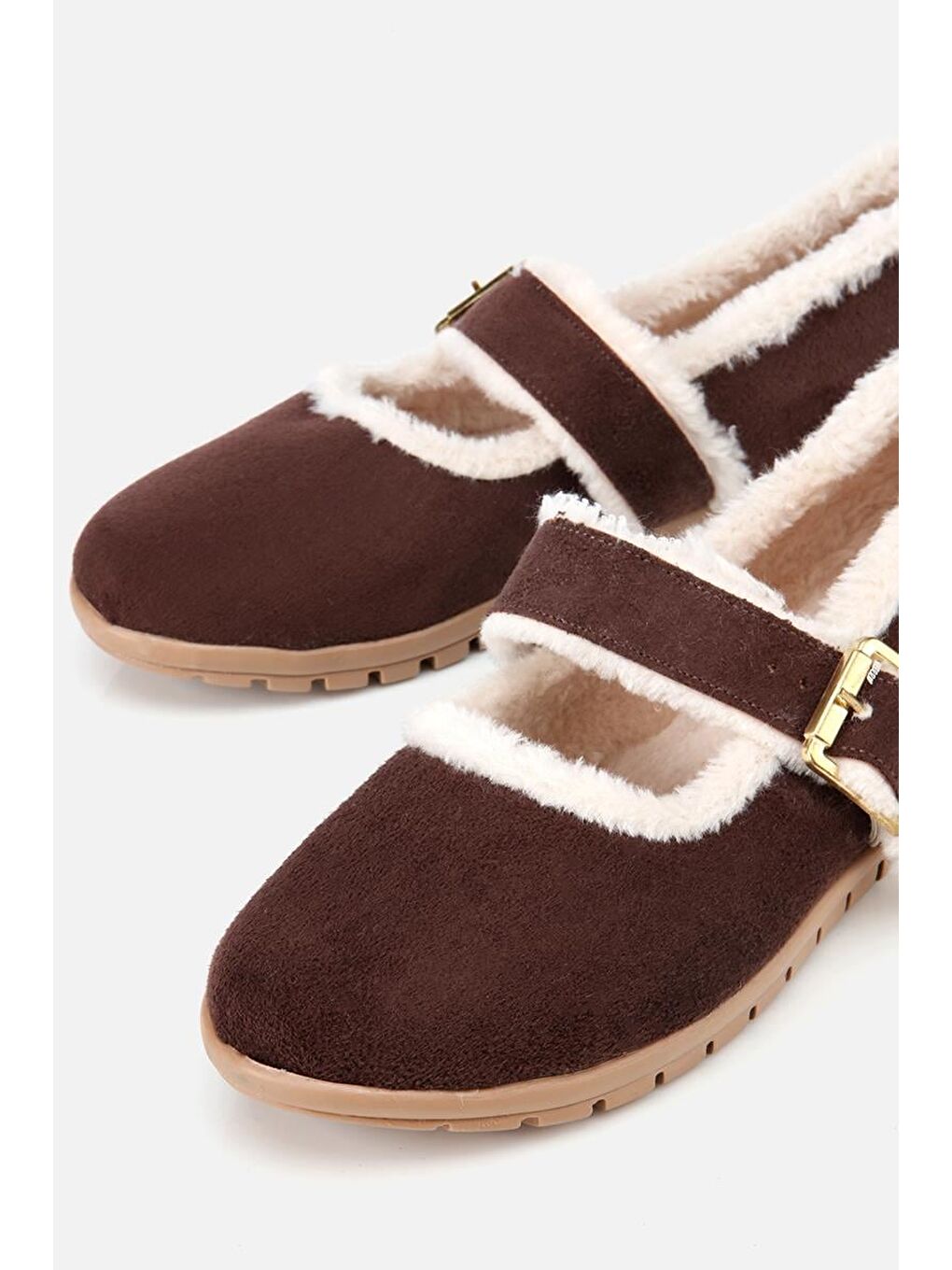 Kadın Kahverengi İçi Kürklü Gold Detaylı Bantlı Babet-3