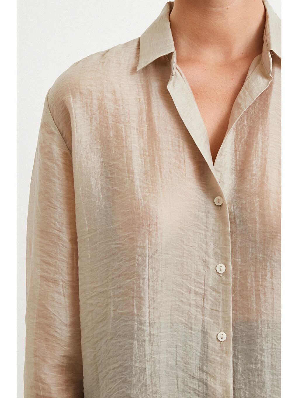 Modal Basic V Yaka Gömlek Bej-4