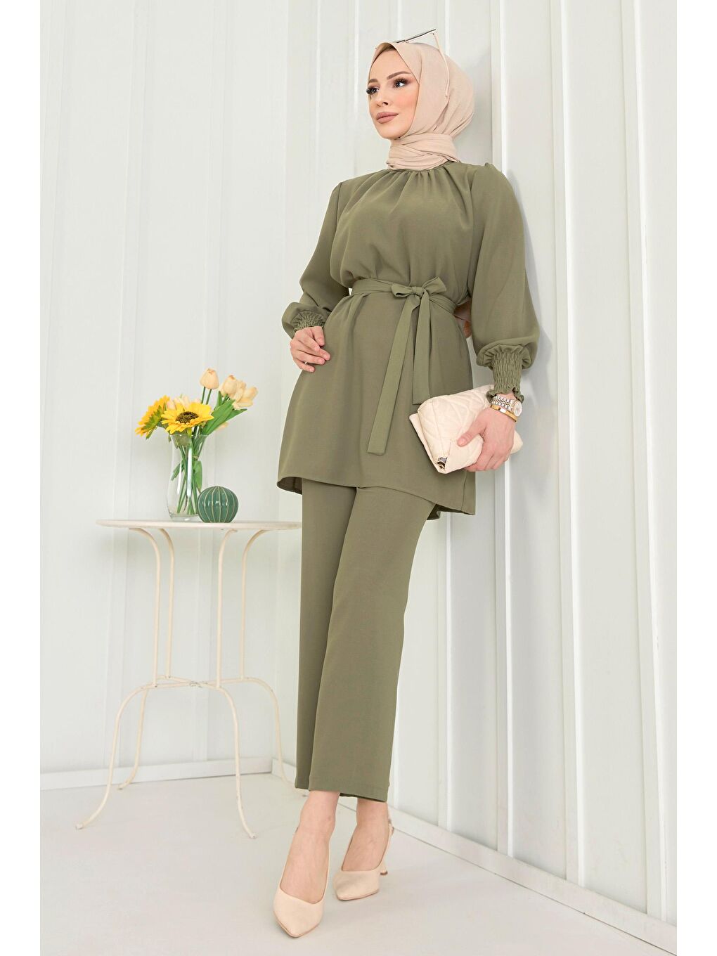 Hakim Yaka Kadın Haki Tunik+Pantolon - 13019-2
