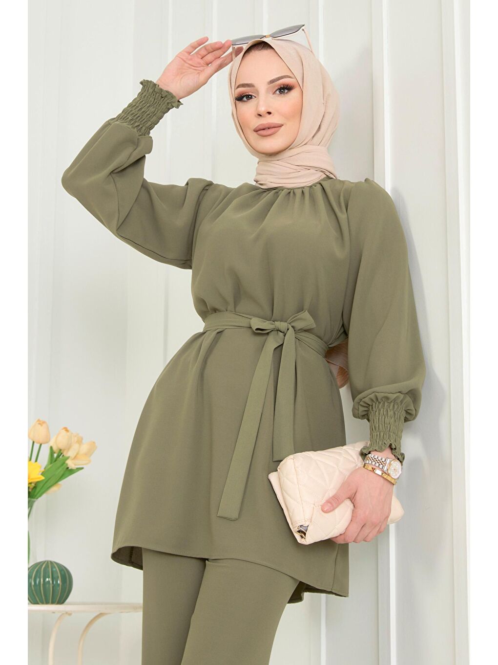 Hakim Yaka Kadın Haki Tunik+Pantolon - 13019-3