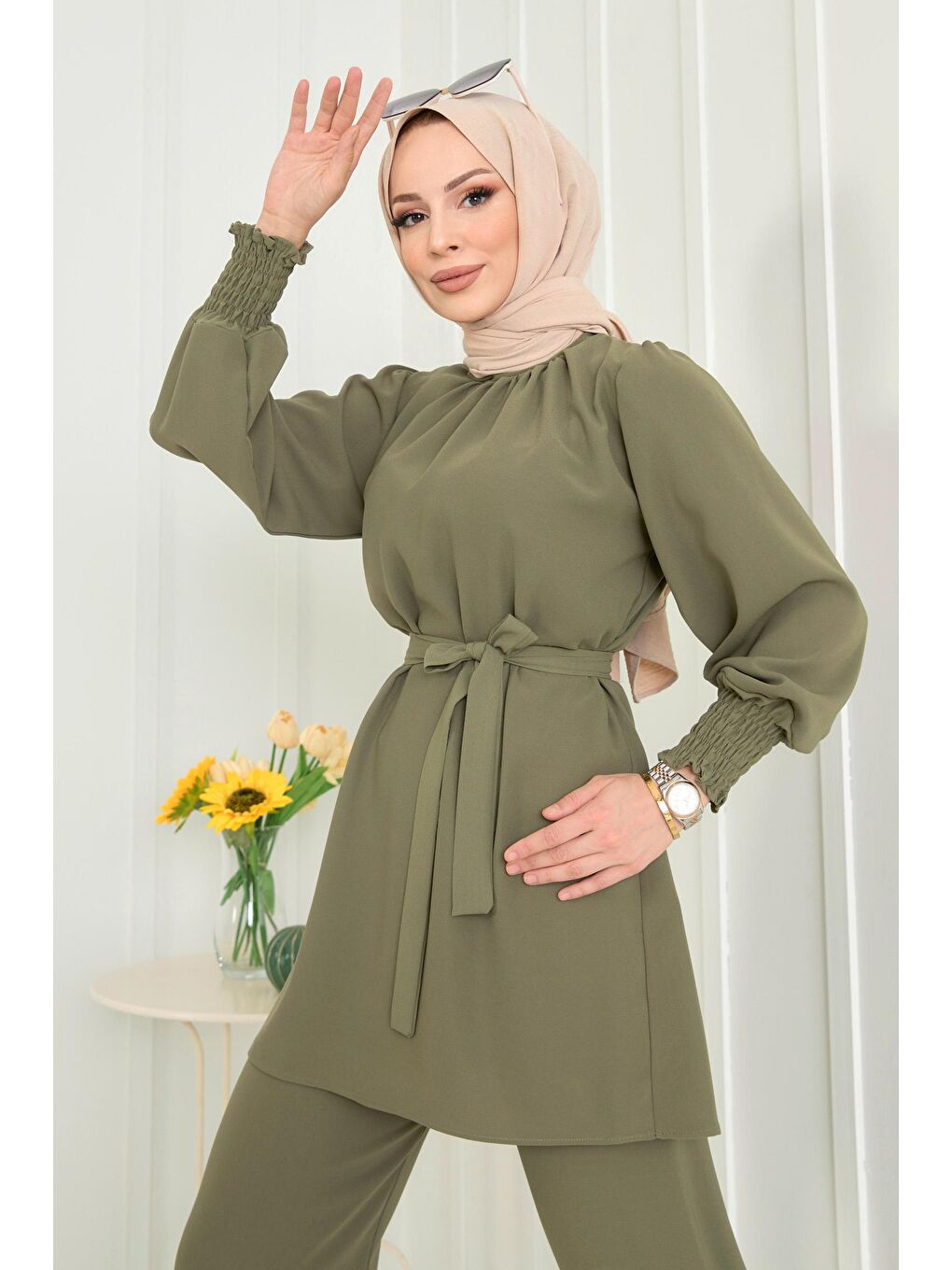 Hakim Yaka Kadın Haki Tunik+Pantolon - 13019-4