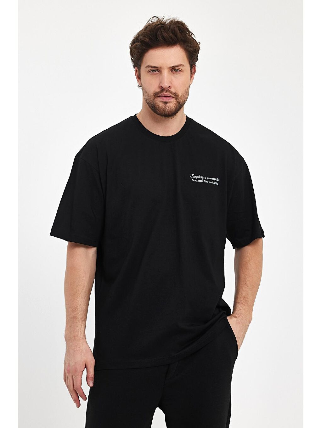 Siyah Oversize Fit Bisiklet Yaka %100 Pamuk Simplicity Baskılı Erkek T-Shirt RF0398