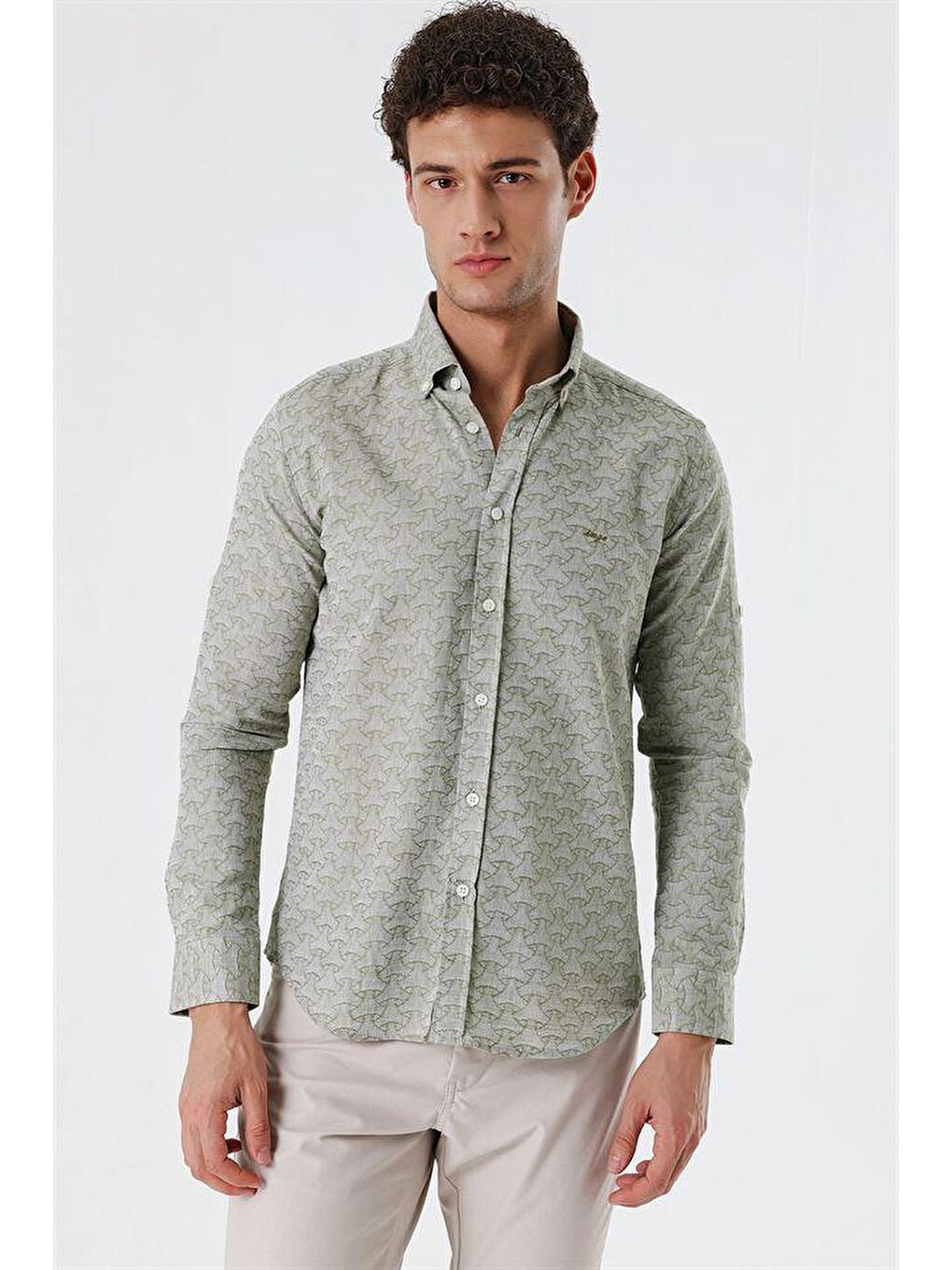 Koyu Haki Kısalabilir Kollu Desenli  %100 Pamuk Casual Slim Fit Gömlek 1004230181