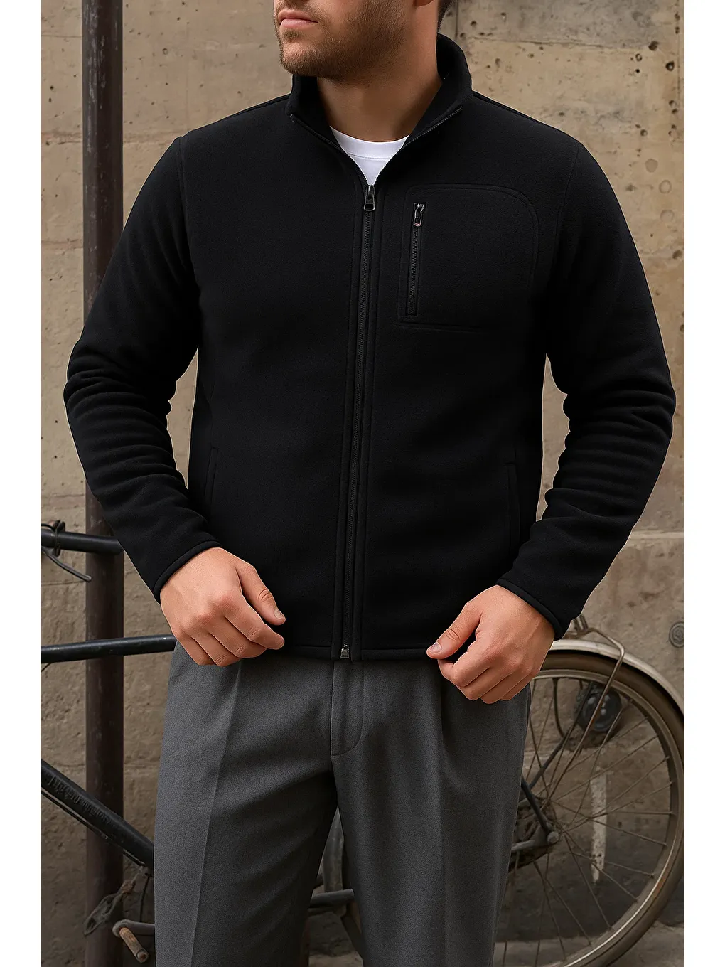 Erkek Kalın Fermuarlı Kışlık Günlük Siyah Polar Ceket-1