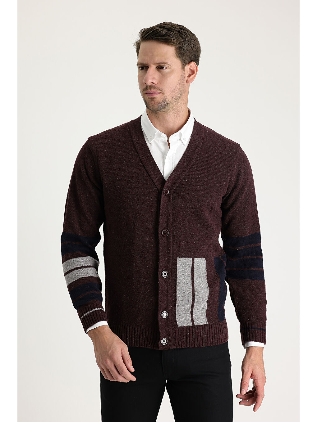 Bordo Yünlü Desenli Triko Hırka-1