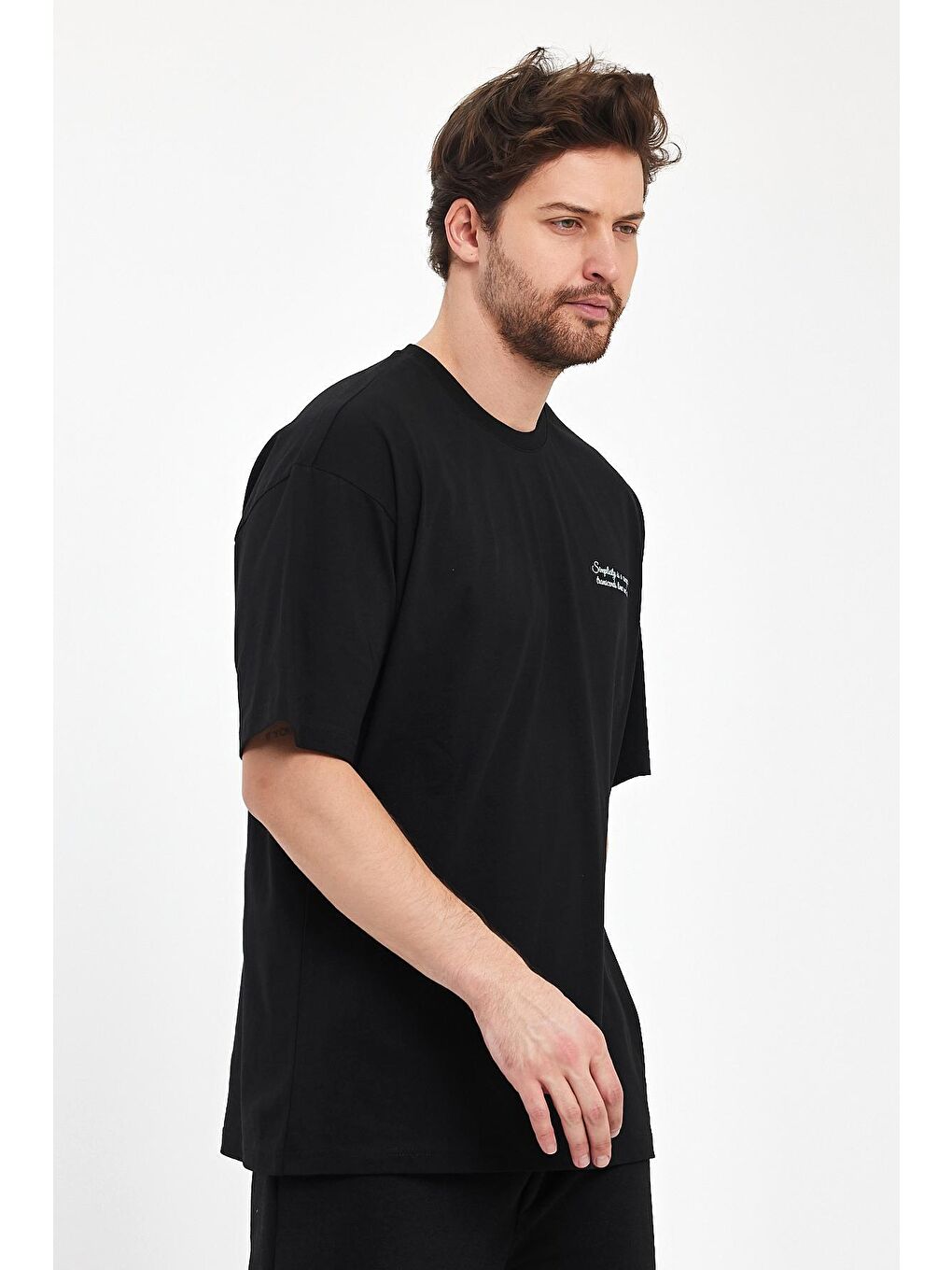 Siyah Oversize Fit Bisiklet Yaka %100 Pamuk Simplicity Baskılı Erkek T-Shirt RF0398-2