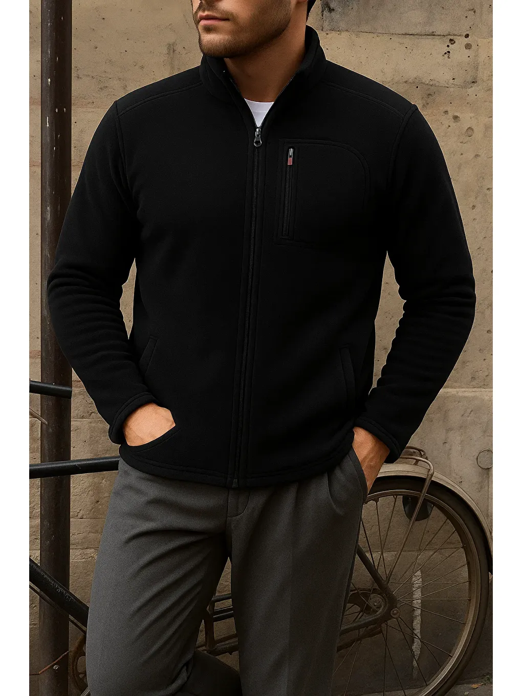 Erkek Kalın Fermuarlı Kışlık Günlük Siyah Polar Ceket-2