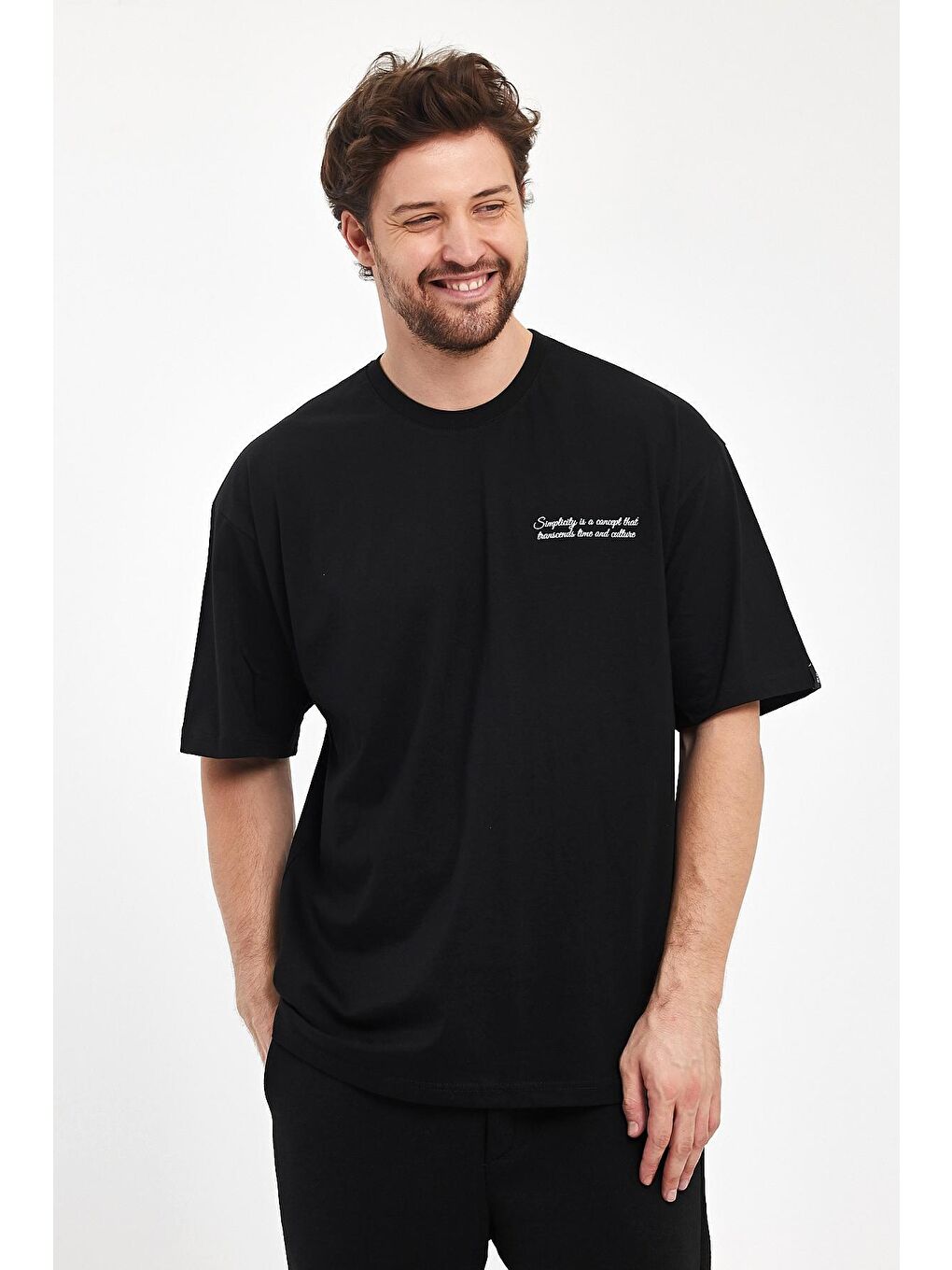 Siyah Oversize Fit Bisiklet Yaka %100 Pamuk Simplicity Baskılı Erkek T-Shirt RF0398-3