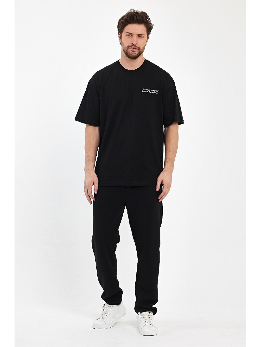 Siyah Oversize Fit Bisiklet Yaka %100 Pamuk Simplicity Baskılı Erkek T-Shirt RF0398-4