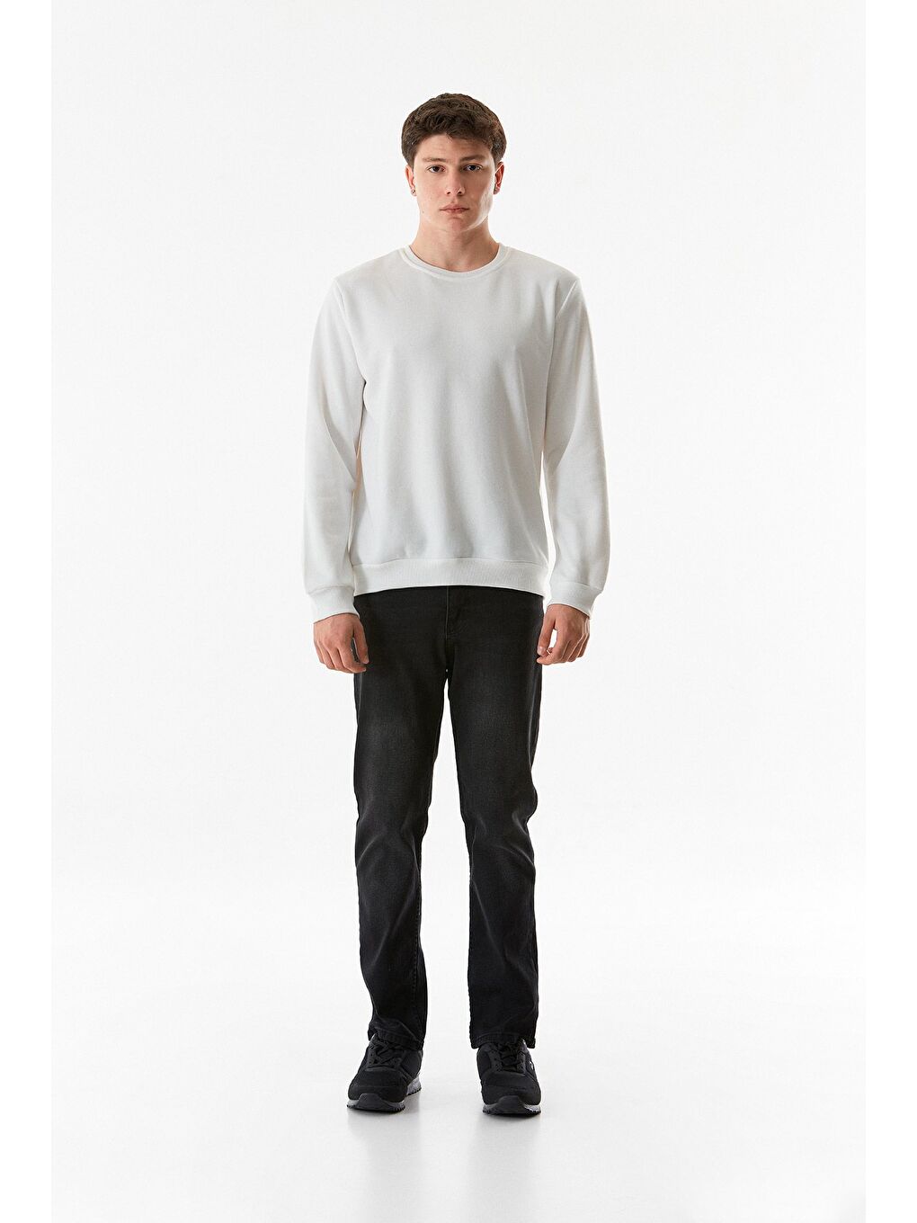 Fullamoda Ekru 3 İplik Basic Bisiklet Yaka Sweatshirt - 1