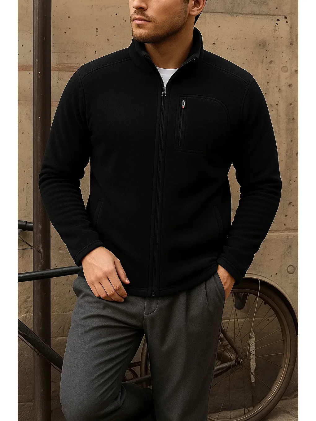 Erkek Kalın Fermuarlı Kışlık Günlük Siyah Polar Ceket-3