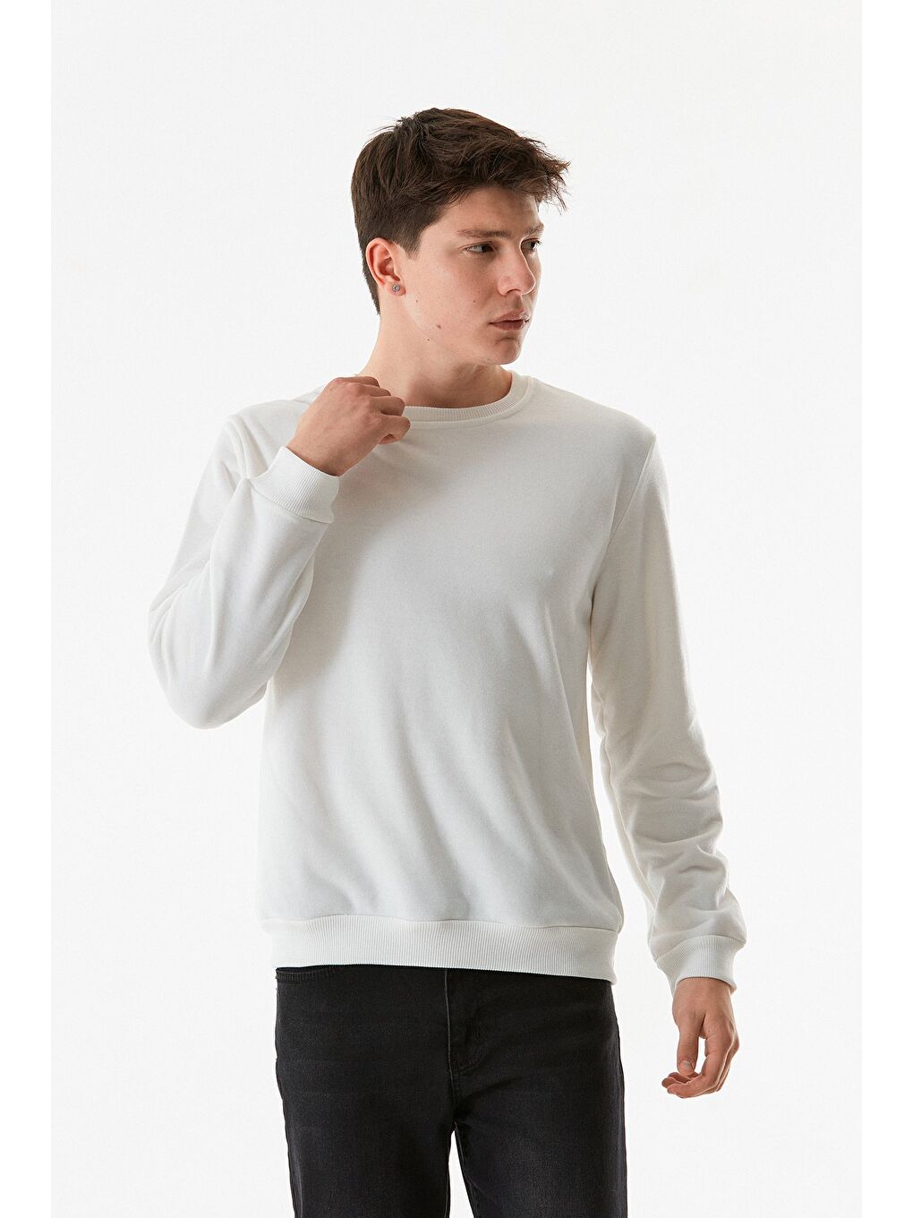 Fullamoda Ekru 3 İplik Basic Bisiklet Yaka Sweatshirt - 2