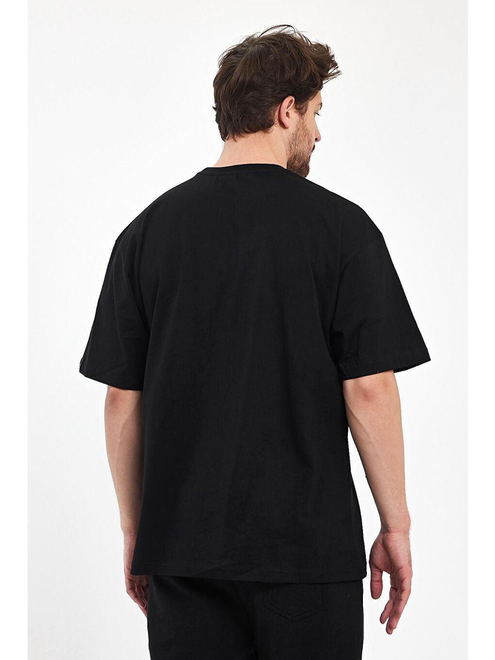 Siyah Oversize Fit Bisiklet Yaka %100 Pamuk Simplicity Baskılı Erkek T-Shirt RF0398-5