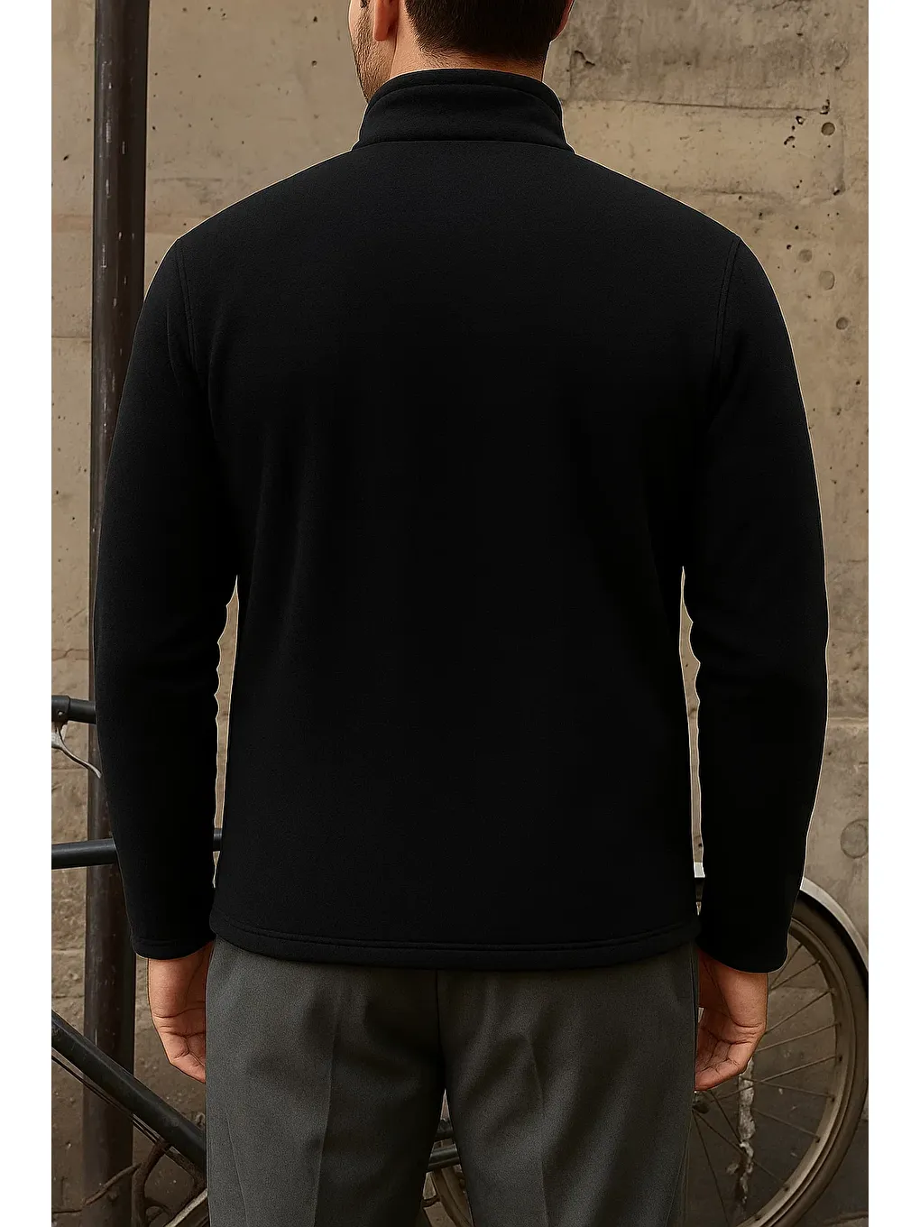 Erkek Kalın Fermuarlı Kışlık Günlük Siyah Polar Ceket-4