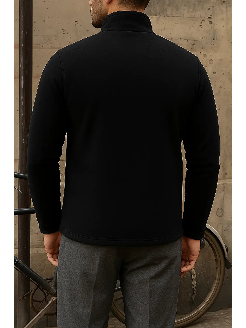 Erkek Kalın Fermuarlı Kışlık Günlük Siyah Polar Ceket-5