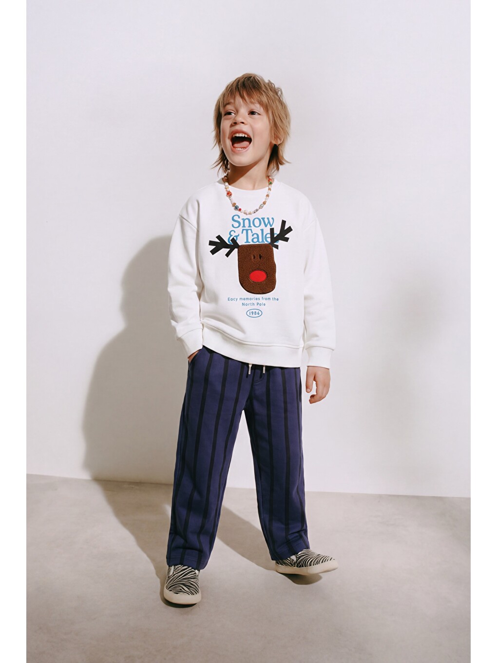 Karışık Erkek Çocuk Pamuklu Geyik Aplikeli Sweatshirt Ve Çizgili Eşofman Takımı