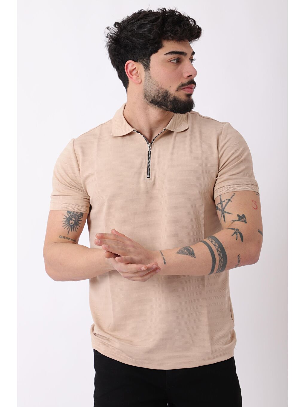 Stilkombin Bej Desenli Yakalı Yarım Fermuar Erkek Tişört JS C-1032_30421 - 1