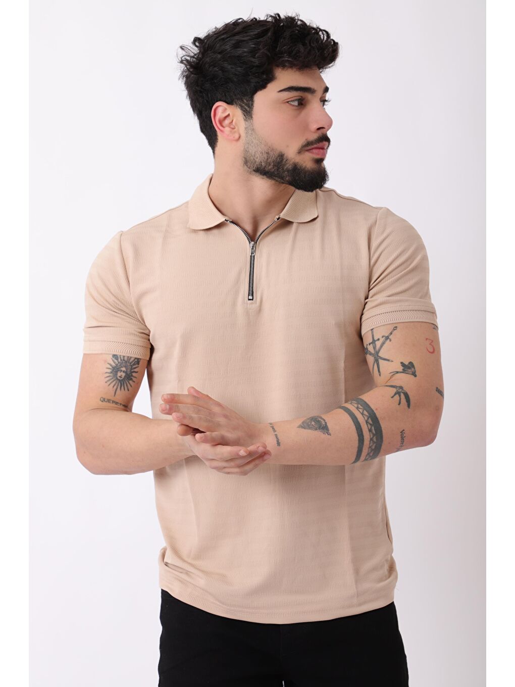 Stilkombin Bej Desenli Yakalı Yarım Fermuar Erkek Tişört JS C-1032_30421 - 2