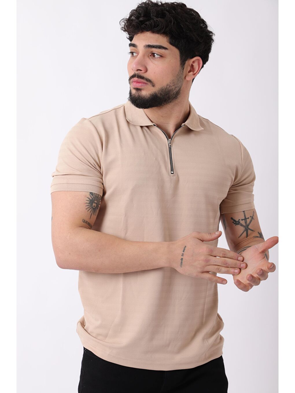 Stilkombin Bej Desenli Yakalı Yarım Fermuar Erkek Tişört JS C-1032_30421 - 3