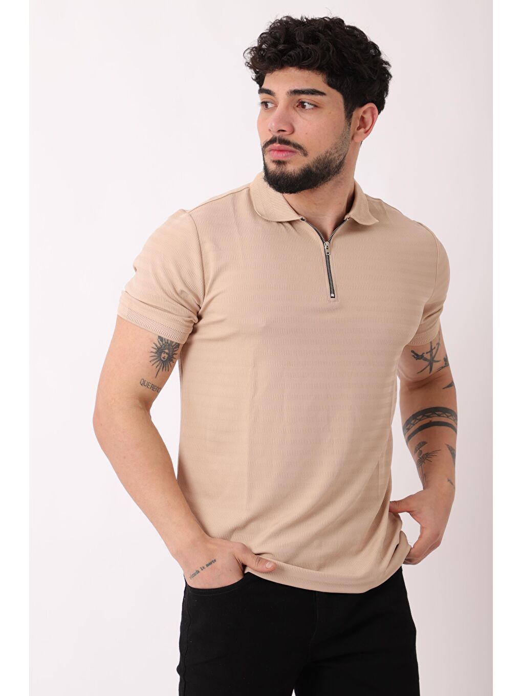 Stilkombin Bej Desenli Yakalı Yarım Fermuar Erkek Tişört JS C-1032_30421 - 4