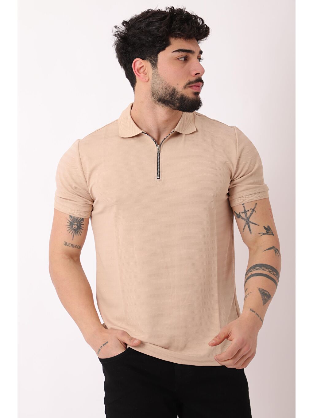 Stilkombin Bej Desenli Yakalı Yarım Fermuar Erkek Tişört JS C-1032_30421 - 5